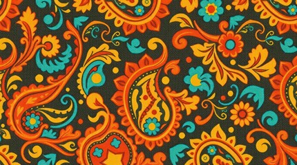 Vibrant Paisley Pattern Fabric Design Orange Teal