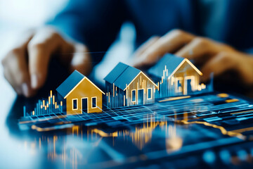 A person analyzing real estate trends with miniature houses and digital graphs, highlighting market data and investment opportunities.