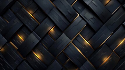 a black and gold geometric pattern, featuring interlocking rectangles with glowing yellow highlights.