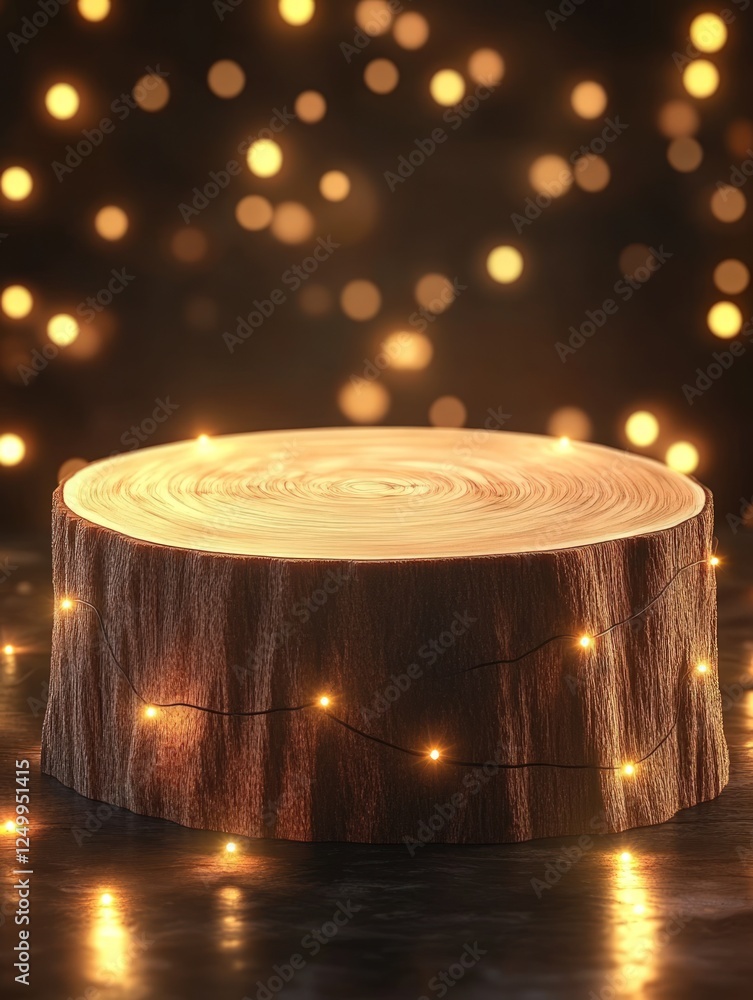 Poster wood slice podium adorned with string lights for display