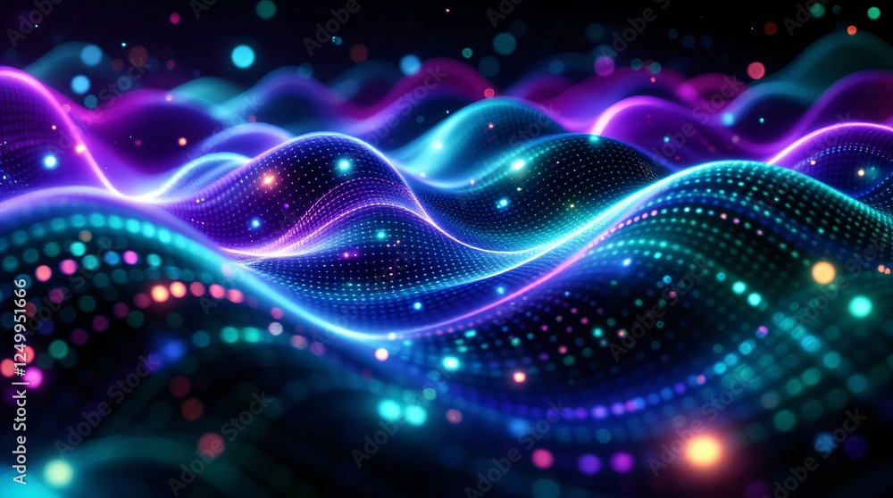 Poster abstract digital wave background with neon lights and glowing particles. futuristic technology desig