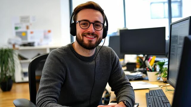 Focused representative handling client queries, headset microphone adjusted, organized desk setup with notepad and monitor in professional office
