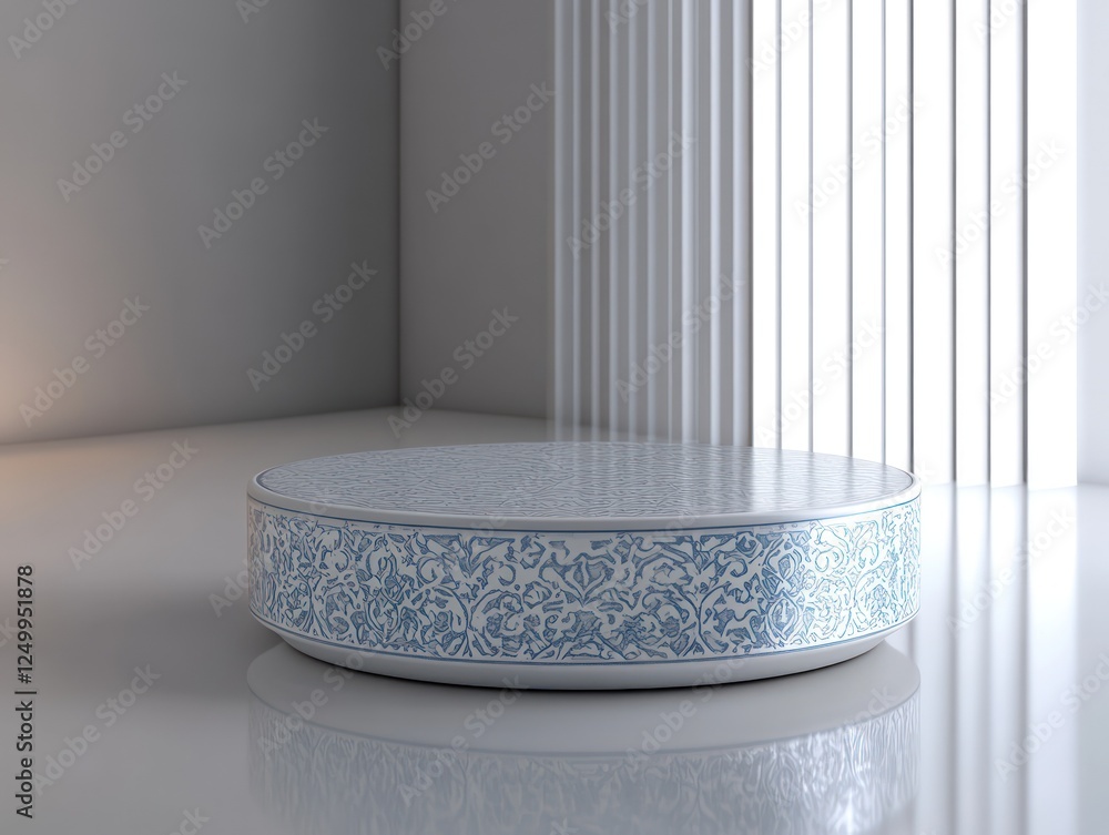 Poster intricately patterned round platform sits in bright minimalist setting