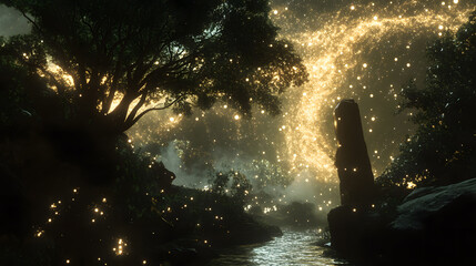 Obraz premium Enchanting forest scene illuminated by golden fireflies creating magical atmosphere
