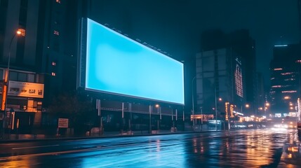 Obraz premium A Large Billboard on an Empty City Street at Night, Illuminated by Blue Light and Reflecting Off Wet Pavement, Showcasing Urban Architecture in Soft Focus Behind It, Symbolizing Digital Marketing 