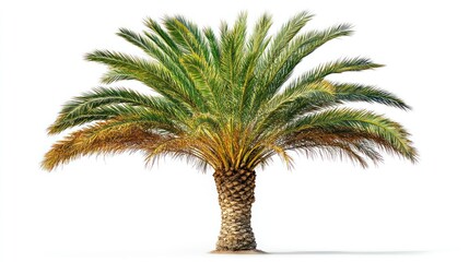 Lush green palm tree, isolated on white, sunny day, tropical background, ideal for design