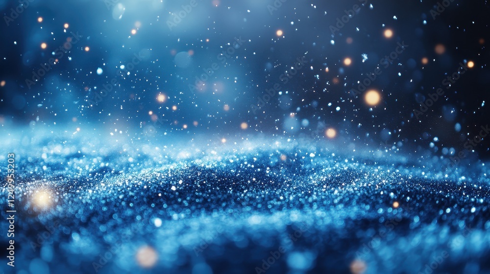 Poster a shimmering blue background with sparkling particles and soft lighting.