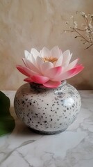 Traditional water jar with lotus flowers, soft blue and white tones, serene and elegant composition