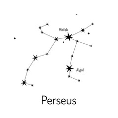 Perseus constellation illustration with labeled stars Mirfak and Algol in a minimalistic style. Ideal for astronomy, education, or decor projects. © Kateryna