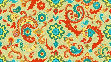 Vibrant Paisley Pattern Fabric Design in Red Yellow Teal