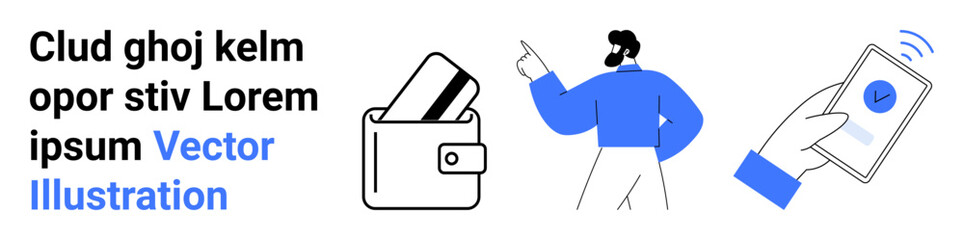 Man pointing at a credit card in a wallet, hand holding a smartphone with a checkmark. Ideal for finance, technology, digital payment, online transactions, mobile banking, fintech, e-commerce