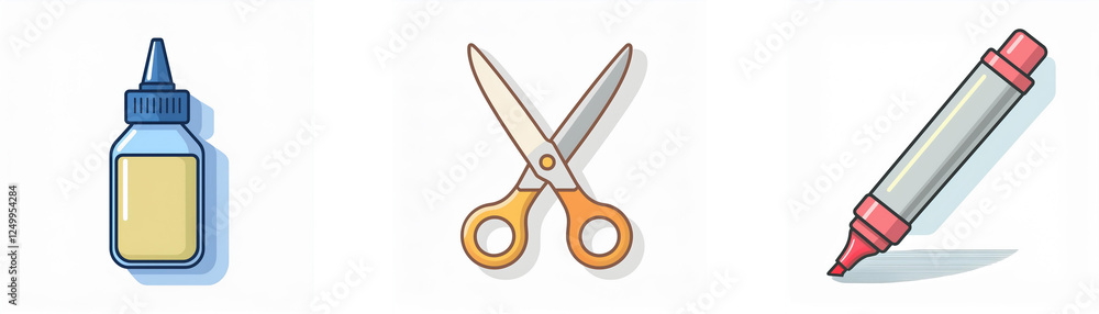 Poster craft tools for art projects. image features a bottle of glue, a pair of scissors and a marker, all 