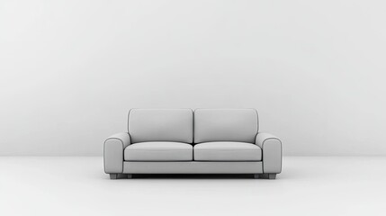Modern minimalist gray sofa centered in a bright, empty room with white walls and floor