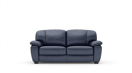 Modern navy blue leather sofa with plush cushions set against a clean white background