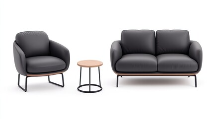 Modern minimalist living room furniture set featuring a sleek armchair and sofa with a side table