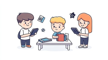 Three children engaged in educational activities with tablets and books in a bright classroom setting