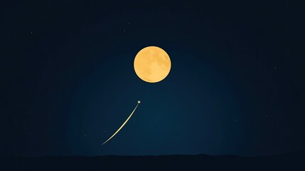 A bright full moon illuminates the night sky with a shooting star over a serene landscape