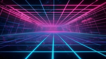 A Digital Grid Background with Neon Blue and Pink Lights, Creating an Otherworldly Atmosphere for Retro Video Game-Inspired Visuals, Evoking a Futuristic and High-Tech Vibe with Bold, Vibrant Colors