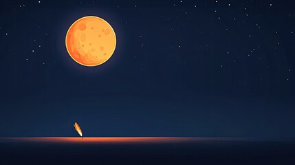 A vibrant full moon illuminates the night sky over a calm ocean with a shooting star