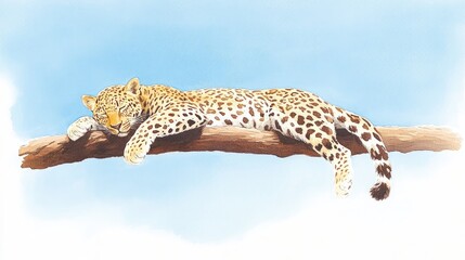 A serene leopard lounging on a tree branch against a clear blue sky, embodying tranquility