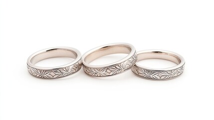 Three intricately designed silver rings arranged elegantly on a white background, showcasing craftsmanship