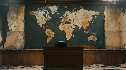 A World Map on the Wall of an Abandoned Politician's Office, With a Broken Desk and Fallen Microphone, Surrounded by Decaying Wall Paintings, Capturing the Decay and Abandoned Feel of a Former Power