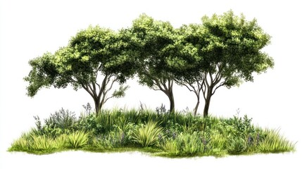Lush green trees and wildflowers on a grassy knoll, isolated on white background, for landscape design