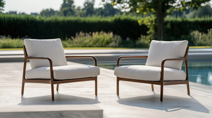 Outdoor pool area with modern chairs, surrounded by garden with plants and trees.