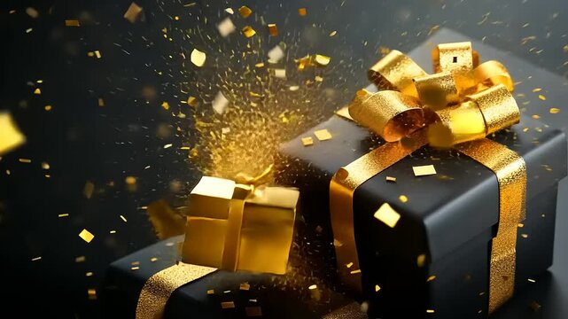 Elegant Gift Box Surrounded by Gold Confetti Celebration Background