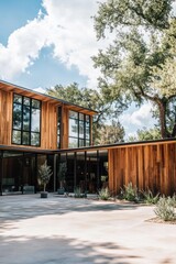 Fototapeta premium Modern wooden house showcasing large windows and natural surroundings during a sunny afternoon in a residential area with lush greenery and open space