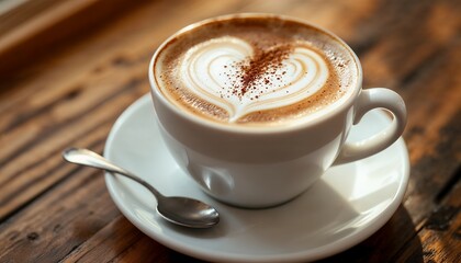 Coffee Art Latte with Heart Design and Spoon on Wooden Table
