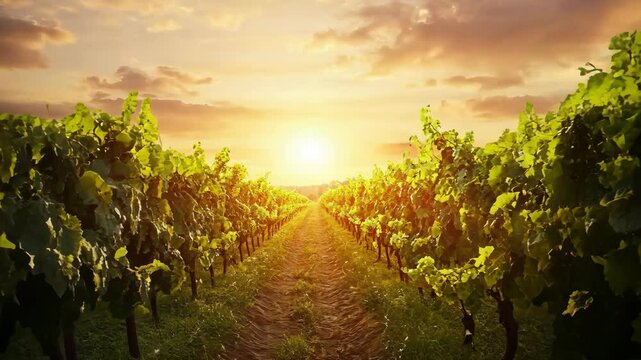 sunset over scenic vineyard, golden light, rows of grapevines, lush greenery, warm tones, peaceful countryside, serene atmosphere, vibrant colors