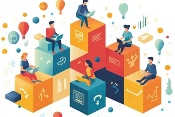 Diverse People Engaging in Digital Activities on Colorful Geometric Blocks