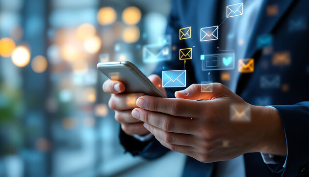 Businessman Holding Smartphone With Email Icons Overlays