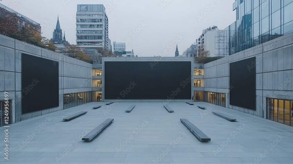 Poster artwork simplification minimalist abstract pieces in a large courtyard with benches and buildings in