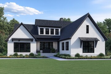 Elegant modern house design with a spacious lawn and contemporary architecture situated amidst greenery on a clear sunny day