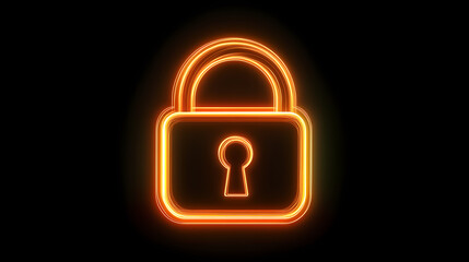 Orange and yellow neon light lock icon. vibrant colored technology symbol, isolated on a black background. 3d render. Futuristic Religious Icons. Illustration