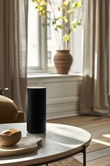 Elegant Wireless Speaker in Minimalistic Living Room Setting, Perfect Blend of Style and Functionality for Modern Homes