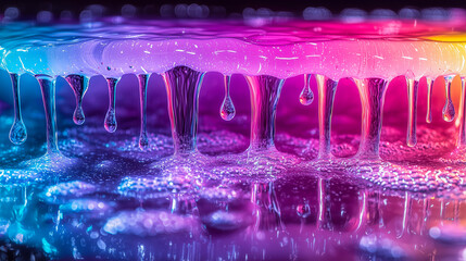 Rainbow liquid spilling across a reflective surface vibrant rainbow liquid spills over the edges of a container