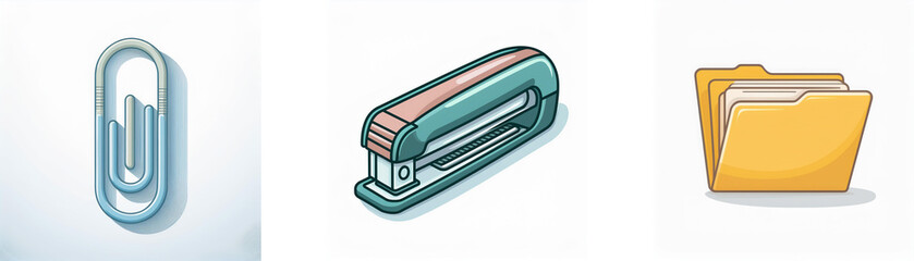 Three office icons: paperclip, stapler, and folder are isolated on a white background, representing office supplies.