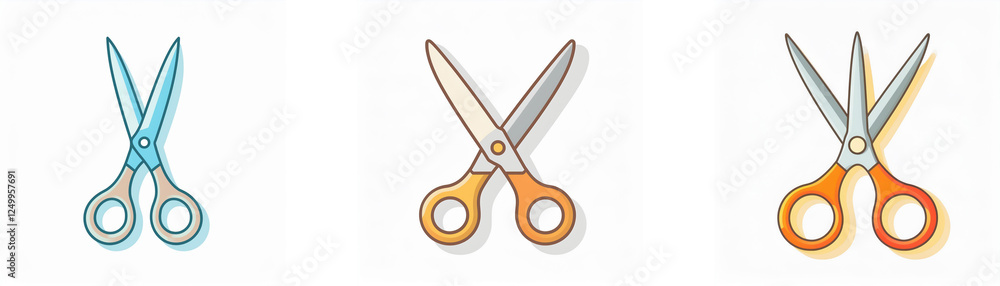 Poster three scissors are displayed with silver blades and varying handle colors: light blue, yellow, and o