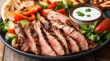 Turkish doner kebab thinly sliced lamb served with pita bread yogurt sauce and fresh vegetables