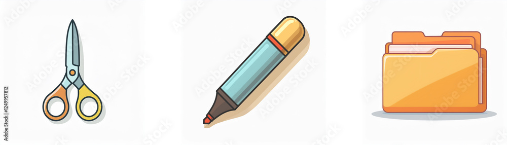 Poster three office icons in a row on a white background: scissors, a marker, and a folder. simple and clea