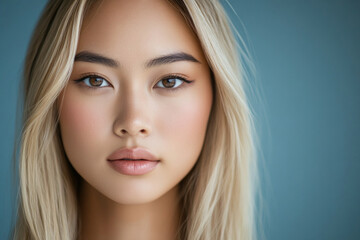 Woman with blonde hair and blue eyes dancing in a field of sunflowers under a vibrant summer sky.