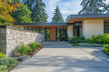 Modern architectural design of a clean-lined home surrounded by lush greenery in a serene residential area on a sunny day