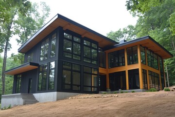 Modern architectural design of a large house surrounded by trees with extensive glass windows capturing natural light in a serene woodland setting