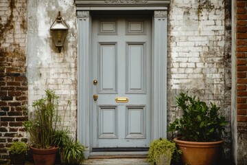 Naklejka premium Charming blue door surrounded by potted plants in an old brick building evokes a sense of history and tranquility in an urban setting