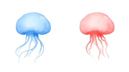 Two watercolor jellyfish, one blue and one pink, floating gracefully in a serene underwater scene