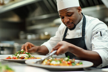 Chef gracefully flips vegetables in a sizzling pan on a professional stove in a well-organized kitchen.