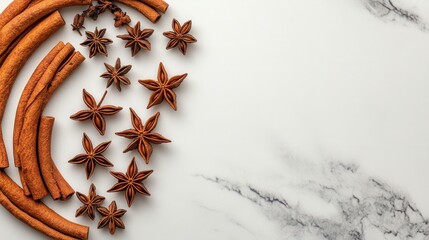 Aromatic Spices Displayed on Marble Surface with Cinnamon Sticks and Star Anise Arrangement